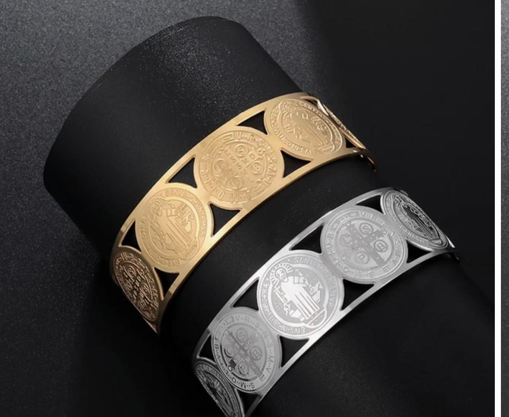 St. Benedict Medal Jesus Cross Bracelet Amulet Jewelry/BLESSED/Women's Cuff Bracelets/Silver or Gold