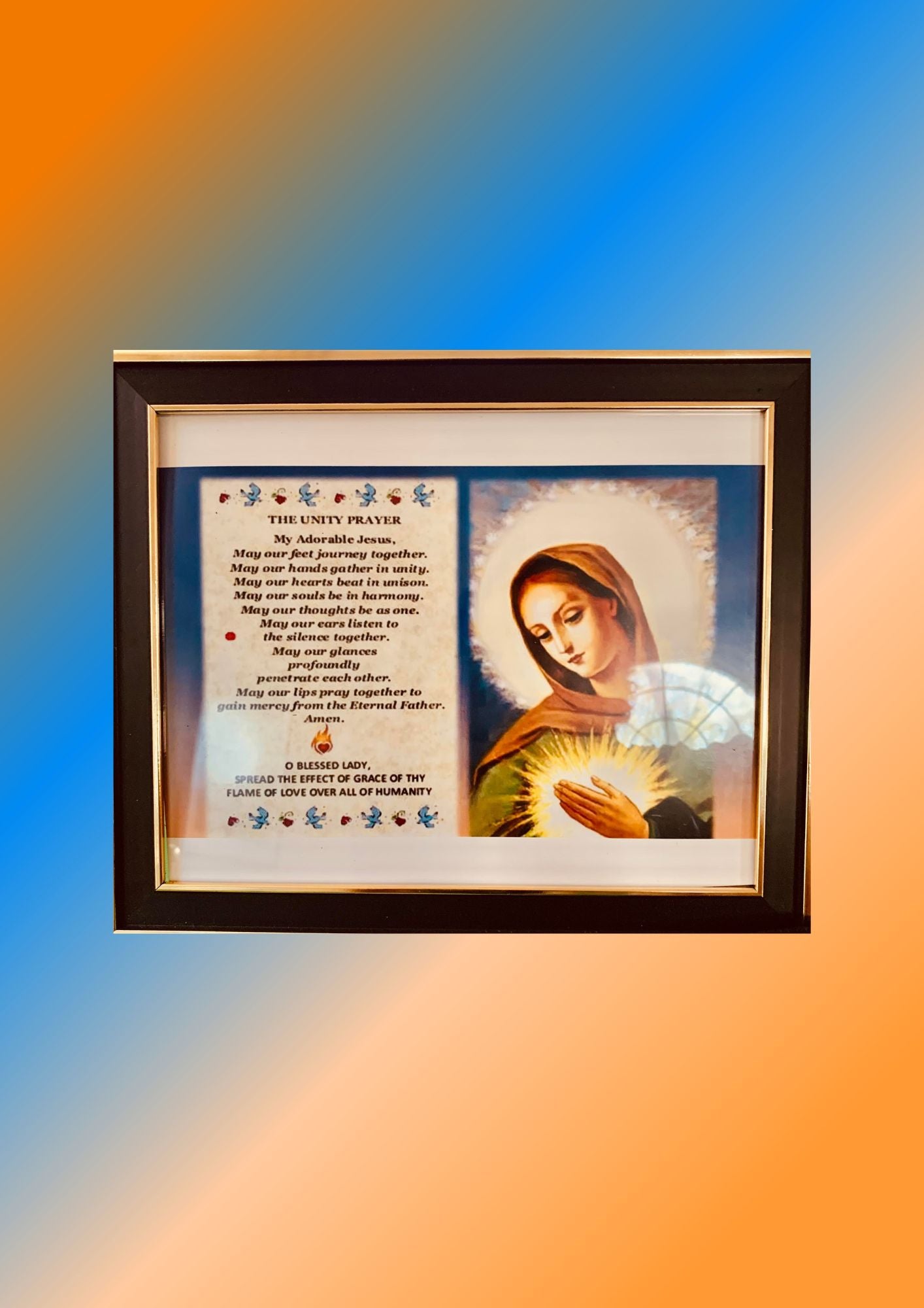 THE UNITY PRAYER IN FRAME WITH BLESSED LADY OR SACRED HEART OF JESUS/PLASTIC FACE/ 8 X 10 inches/