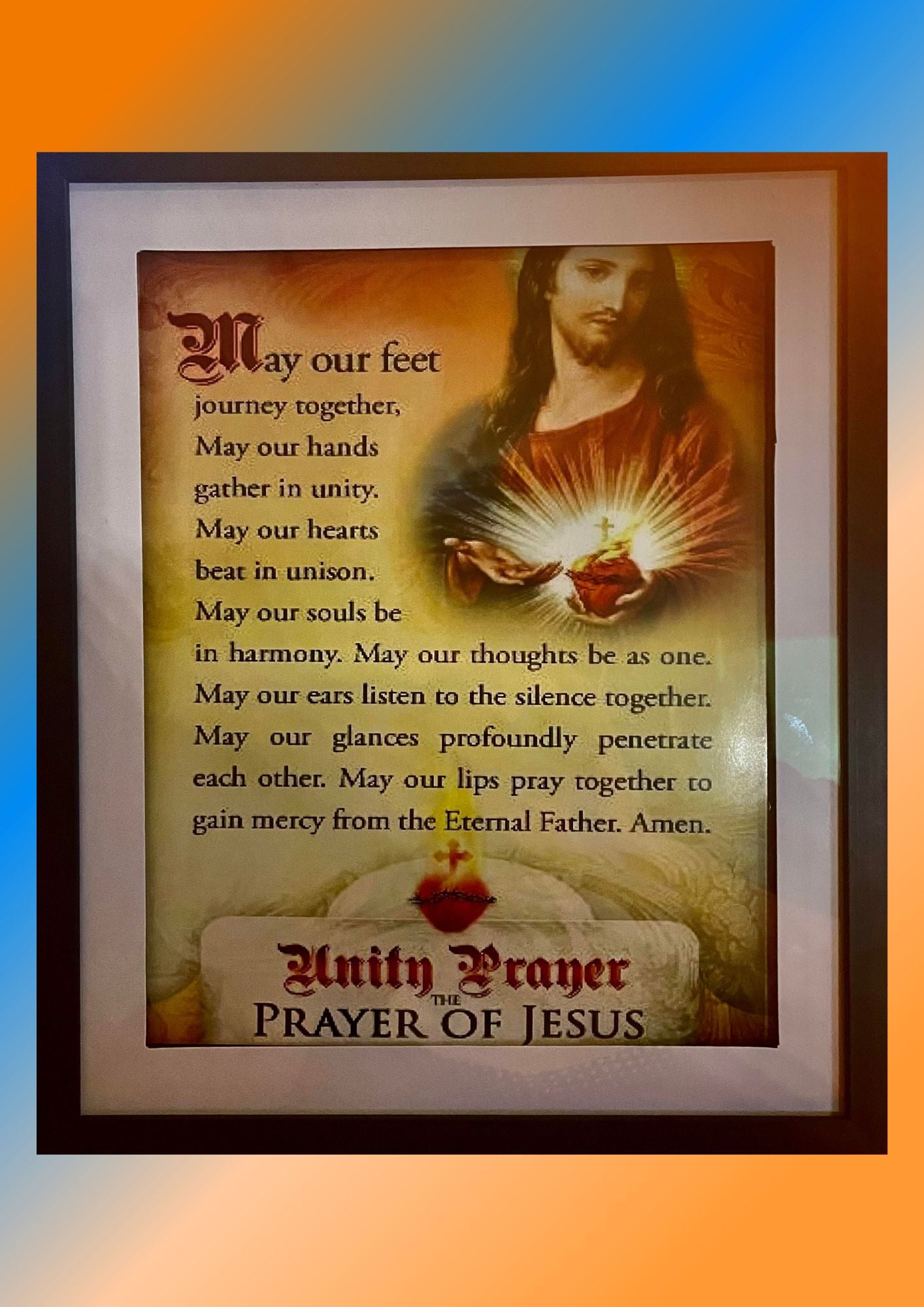 THE UNITY PRAYER IN FRAME WITH BLESSED LADY OR SACRED HEART OF JESUS/PLASTIC FACE/ 8 X 10 inches/
