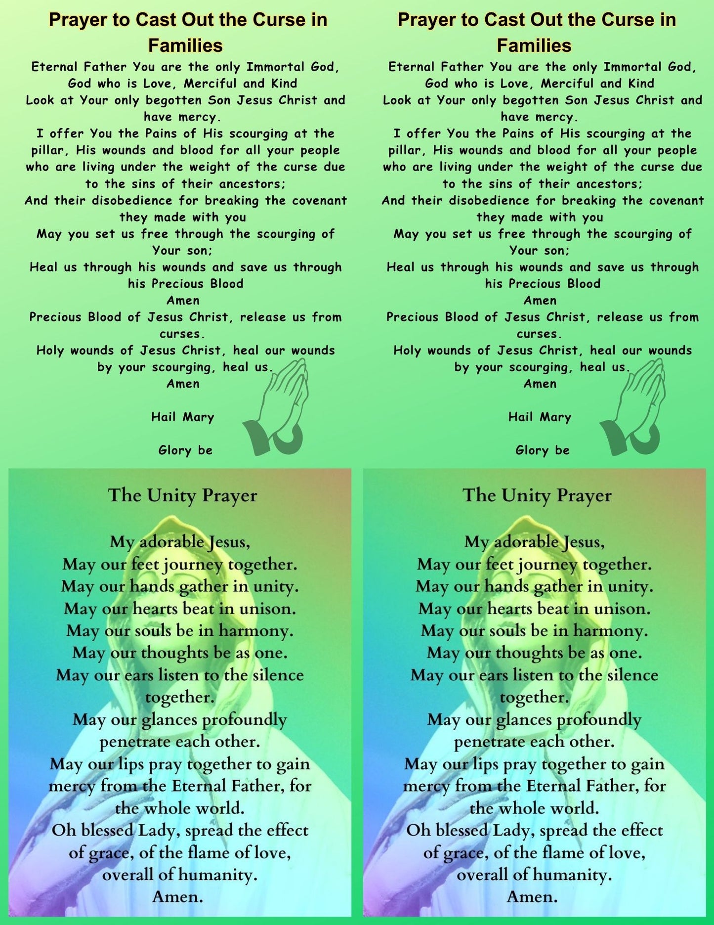 THE UNITY PRAYER and CAST OUT CURSE PRAYER/2 x 2 Grid /Printable Prayer Card/PDF/Digital Download