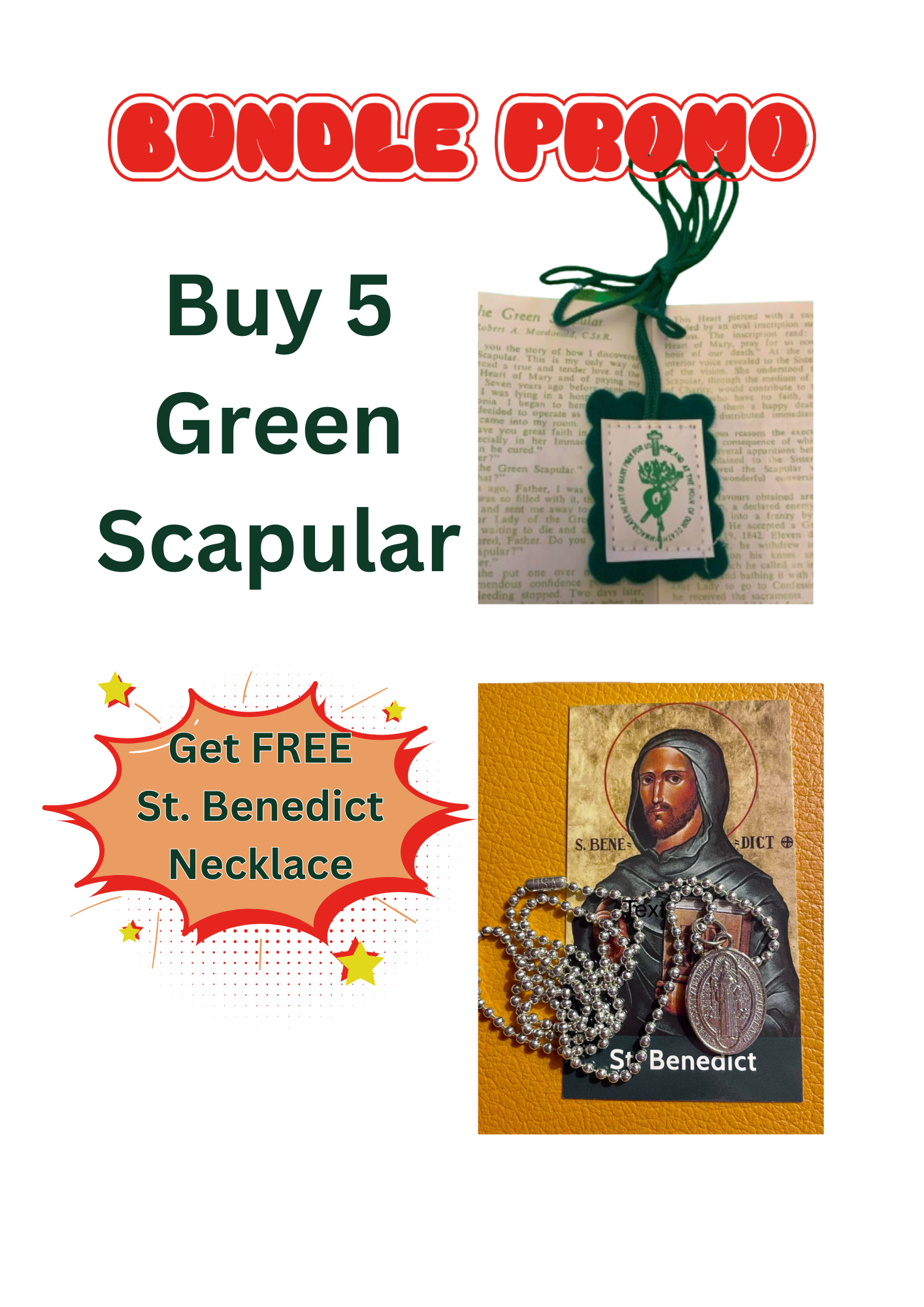 BUNDLE PROMO!! BUY 5 GREEN OR BROWN SCAPULAR / GET FREE ST. BENEDICT NECKLACE