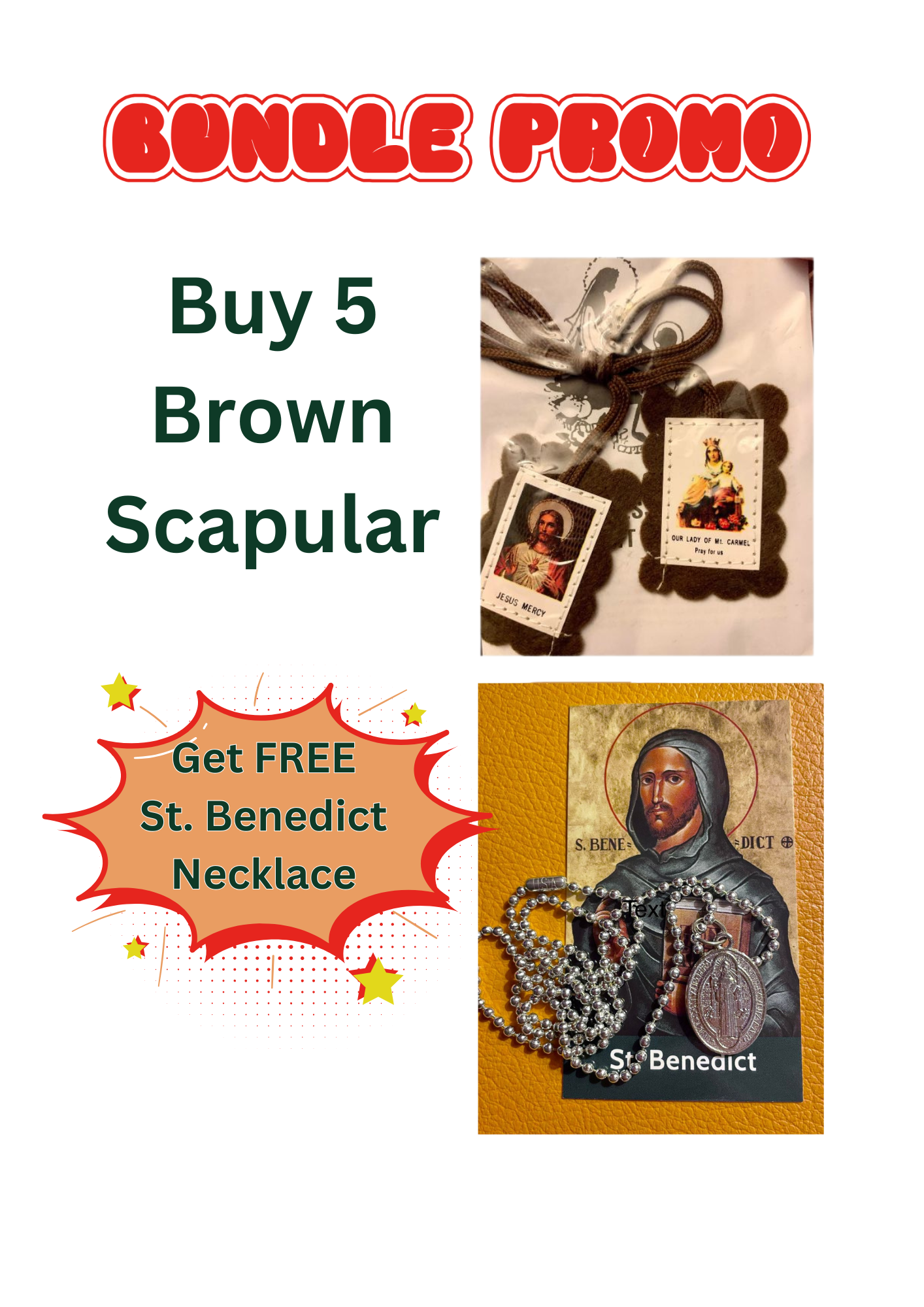 BUNDLE PROMO!! BUY 5 GREEN OR BROWN SCAPULAR / GET FREE ST. BENEDICT NECKLACE