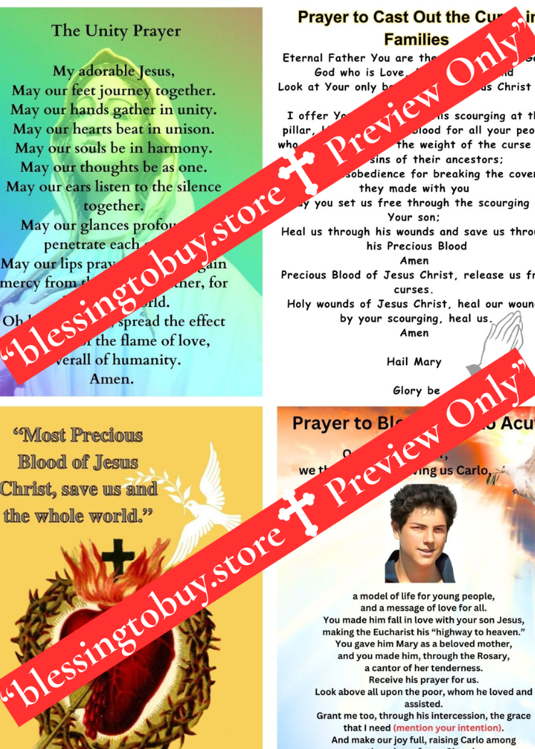 4-IN-1 PRAYERS(UNITY,CAST OUT CURSE,BLESSED CARLO ACUTIS,BLOOD OF JESUS)/2 x 2 Grid /Printable Prayer Card/PDF/Digital Download