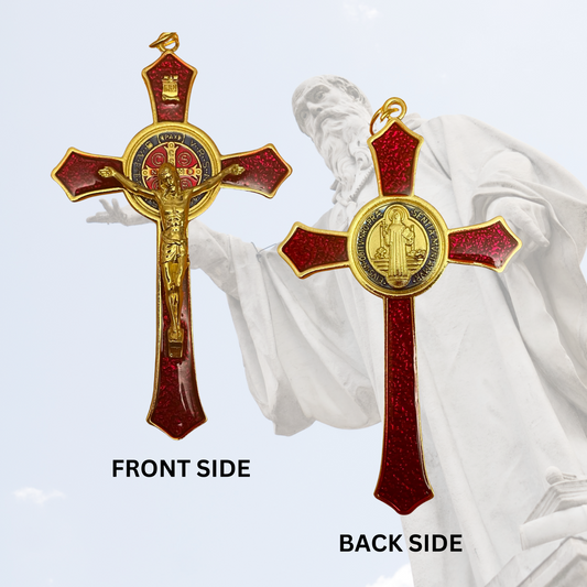 Saint Benedict  Red Enamel 4.7X2.7 Inch/ 41g / With Chain /Protection Wall Crucifix Cross Catholic