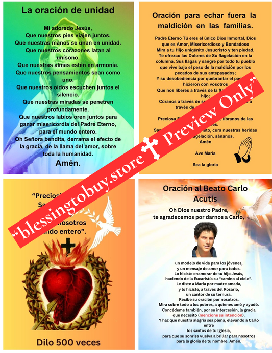 ORACIONES 4 EN 1 (UNIDAD, ELIMINAR LA MALDICIÓN, BENDITO CARLO ACUTIS, SANGRE DE JESÚS)/Cuadrícula 2 x 2 /Tarjeta de oración imprimible/PDF/Descarga digital
